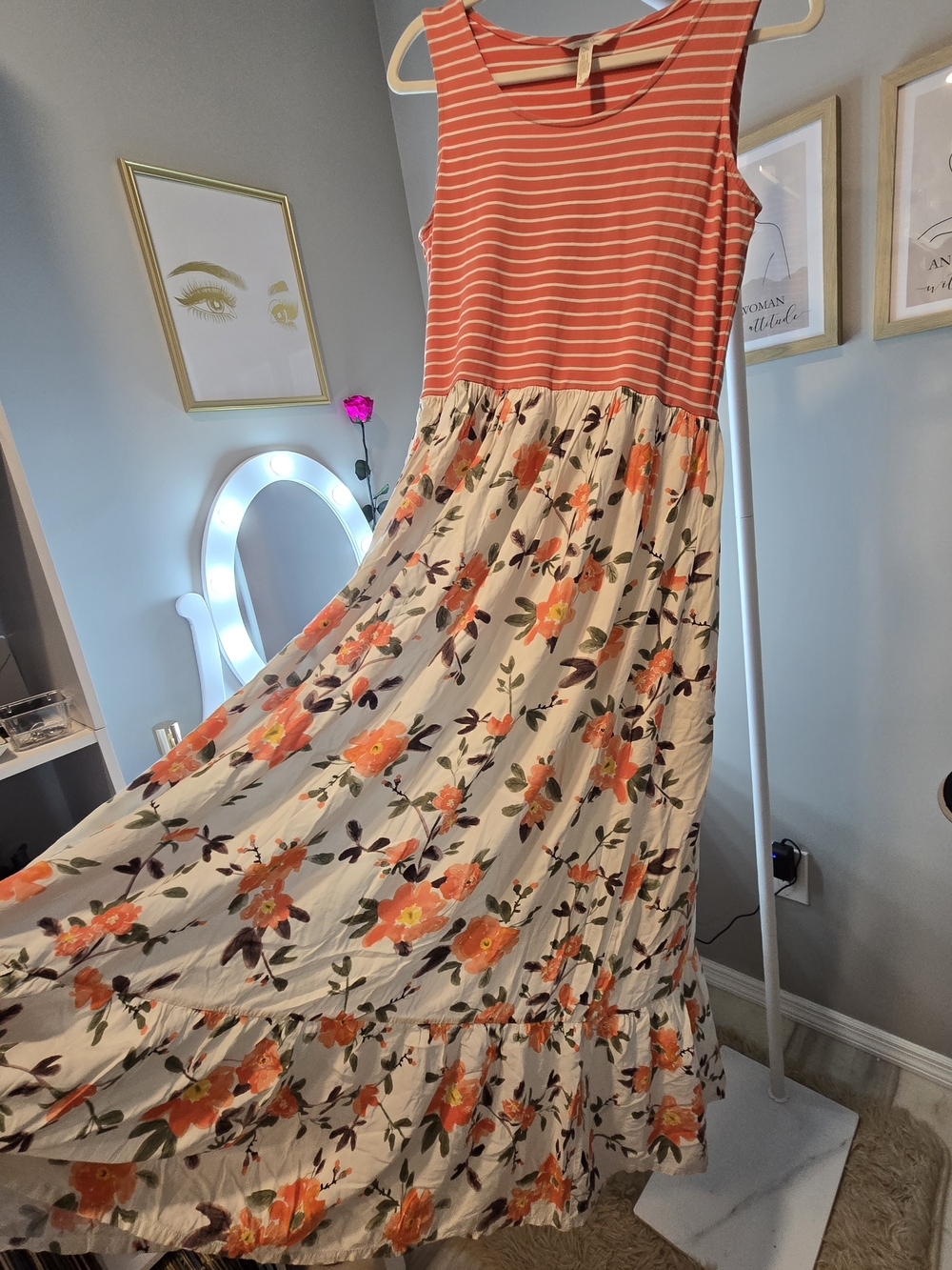 Matilda Jane Coral & White Striped Maxi Dress with Floral Skirt